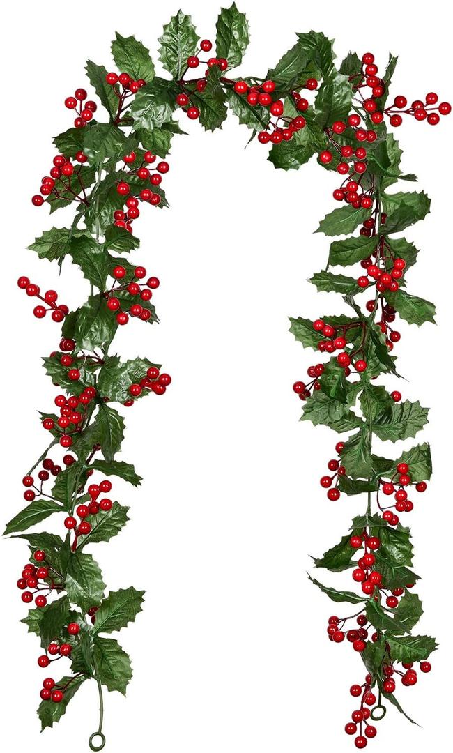 Lvydec Red Berry Garland Christmas Decoration - 5.8ft Artificial Greenery Garland with Red Berries and Holly Leaves for Holiday Fireplace Mantel Table Decorations