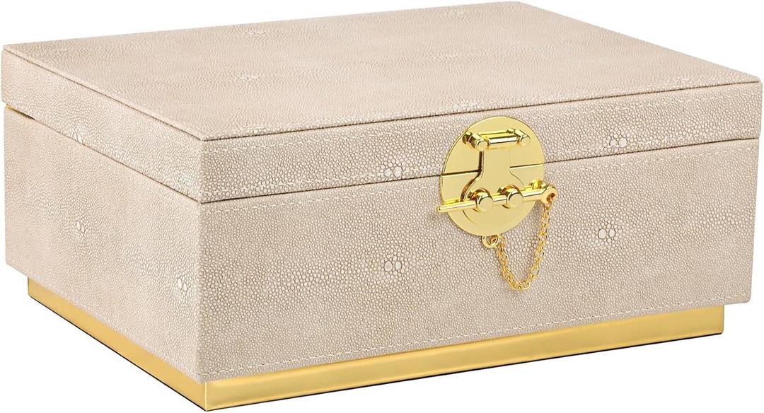 HofferRuffer Elegant Faux Leather Decorative Box, Storage Jewelry Box Organizer, Large Dresser Cosmetic Organizer Holder, Classic Jewelry Accessory Organizer, 11x8x4.8 inches (Light Grey)