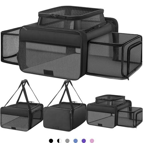Top and 2 Sides Expandable Cat Carrier 18x13.5x9.5, TSA Airline Approved Dog Carriers for Small Dogs, Soft-Sided Pet Carrier with Self-Locking Zippers for Kitten,Rabbit, Puppy, Guinea Pig Black