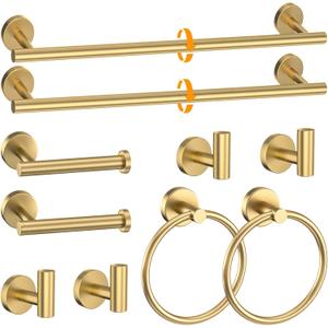 Brushed Gold Towel Bar Set 10 Pieces Round Bathroom Hardware Set Includes 23.6in Towel Bar Towel Ring Toilet Paper Holder Towel Hooks Stainless Steel Wall-Mounted Bathroom Towel Holder Set