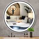 32 Inch Black Frame Round LED Bathroom Mirror Anti-Fog Smart Memory 3 Color Adjustable Brightness Frontlit 32" Black Framed Circle Round Lighted Vanity Mirror for Bathroom Wall Mounted