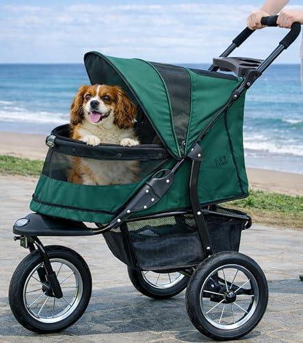 Pet Gear No-Zip Jogger Pet Stroller for Cats/Dogs, Zipperless Entry, Airless Tires, Easy One-Hand Fold, Cup Holder + Storage Basket, Pine Green