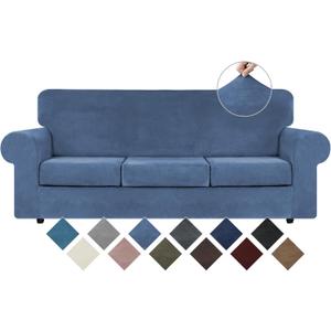 WEERRW Velvet Plush Fabric 4 Pieces Sofa Covers for 3 Cushion Couch with Elastic Bottom Straps in Light Blue (Large)