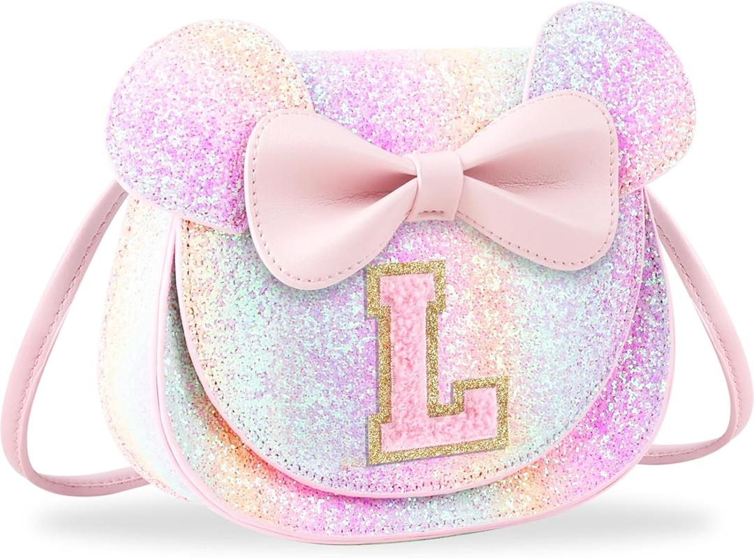 Toddler Purse Girl Wallet for 2-10 Year Old Birthday Gift, Personalized Kids Little Mouse Ear Bow Crossbody Shoulder Purse (Small-glitter-pinkletter)
