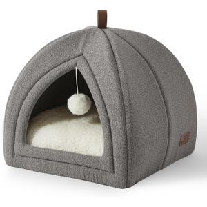 Bedsure Cat Beds for Indoor - 2 in 1 Cat Cave House Tent for Kittens and Small Pets with Removable Washable Cushioned Pillow, Foldable Kitten Hideaway with Non-Slip Bottom, Grey, 16 inches (M(16x16x16))