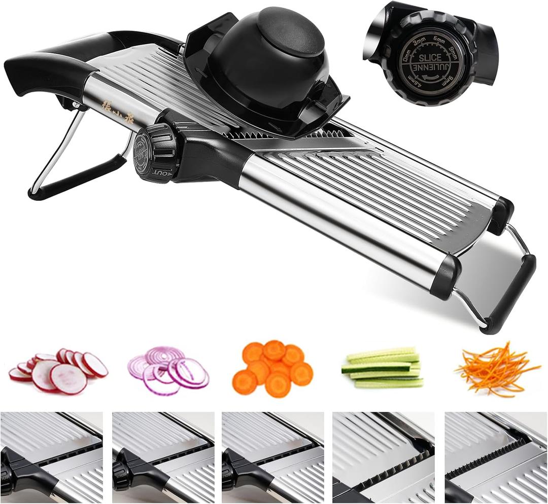 Adjustable Mandoline Slicer for Kitchen - Stainless Steel Vegetable Slicer Julienne Cutter with Ultra Sharp Blades 5-in-1 Vegetable Shredder for Onion, Potato Chip, French Fry