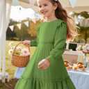 Cubear Girls Fall Dress Tie Back Long Sleeve Ruffle Square Neck A Line Swing Casual Dresses, 5-14 Years Old (Green)