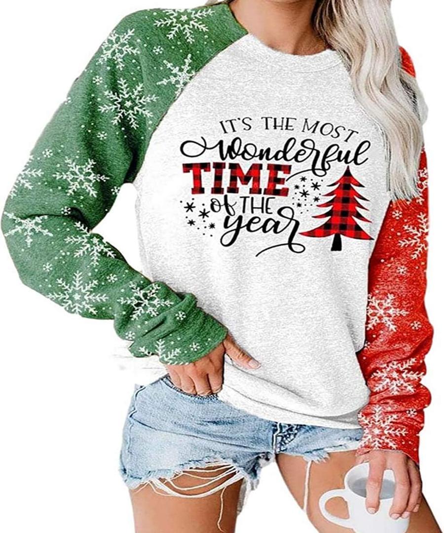 TAOHONG Merry Christmas Sweartshirt for Women Xmas Buffalo Plaid Tree Tops Color Block Snowflake Print Long Sleeve Shirt (XL)