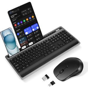 Wireless Keyboard and Mouse Combo, Full Size Ergonomic Keyboard with Wrist Rest and Phone Holder 2.4G USB & Type-C Quiet Keyboard Silent Mouse for Computer Laptop Windows Mac iOS