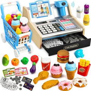 Wooden Cash Register for Kids with Shopping Cart Rechargeable Kid Cash Register with Scanner Gift for Kids Age 3 4 5 6 7 8 9 Year Old Pretend Play for Toddlers Toys for 3-12 Year Old Boys (Silver)