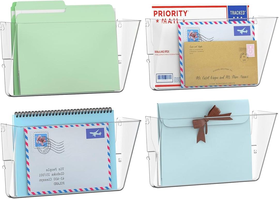 Gawerk 4 Pack Clear Single Pocket Wall File Holder Hanging Wall Organizer, Wall Mount Mails Magazines Organizer for Office and Home