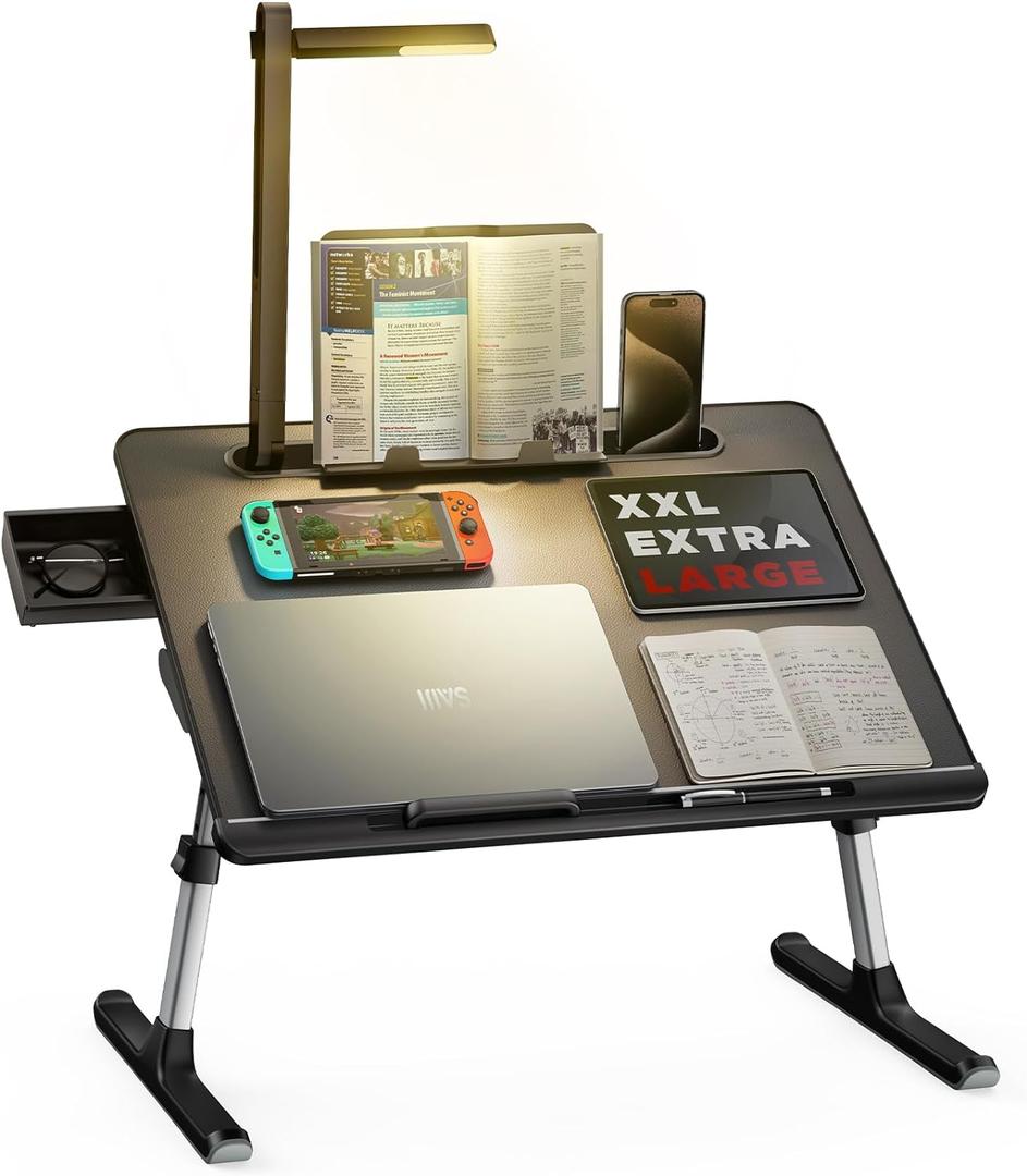 Laptop Bed Tray Desk with LED Desk Light, SAIJI Adjustable Laptop Stand for Bed, XX-Large PVC Leather Foldable Table with Book Stand,Wrist Rest, Extra Leg Room(Black) (23.6 x 17.7 In)