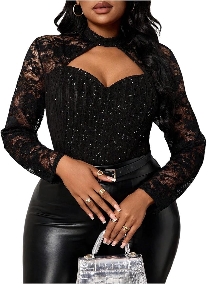 SweatyRocks Women's Plus Size Cut Out Mock Neck Floral Lace Long Sleeve Slim Fit Sparkly Shirt Top (4X-Large Plus, Black)