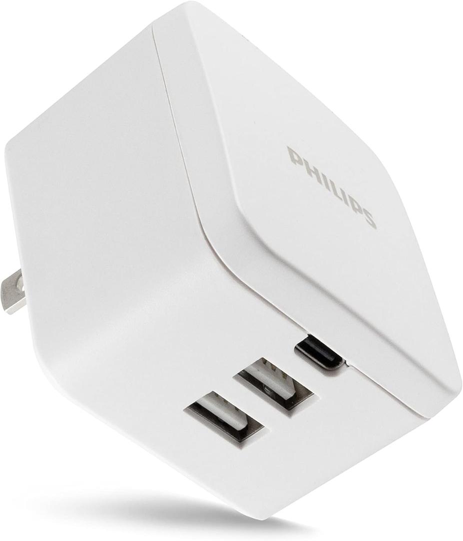 Philips iPhone USB Wall Charger Block, 20W 1 USB C Port, 2 Type A Port Charging Block for iPhone 15, 14, 13 Series, iPad, Power Adapter Cube, Foldable Plug Charging Box, DLP1032Q/37