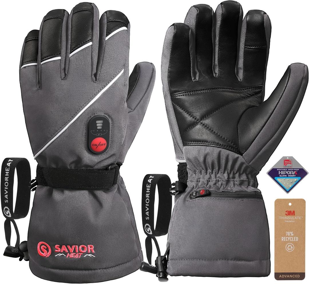 SAVIOR HEAT Heated Gloves for Men Women, Rechargeable Electric Heated Leather Skiing and Snowboarding Gloves (Small, Grey)