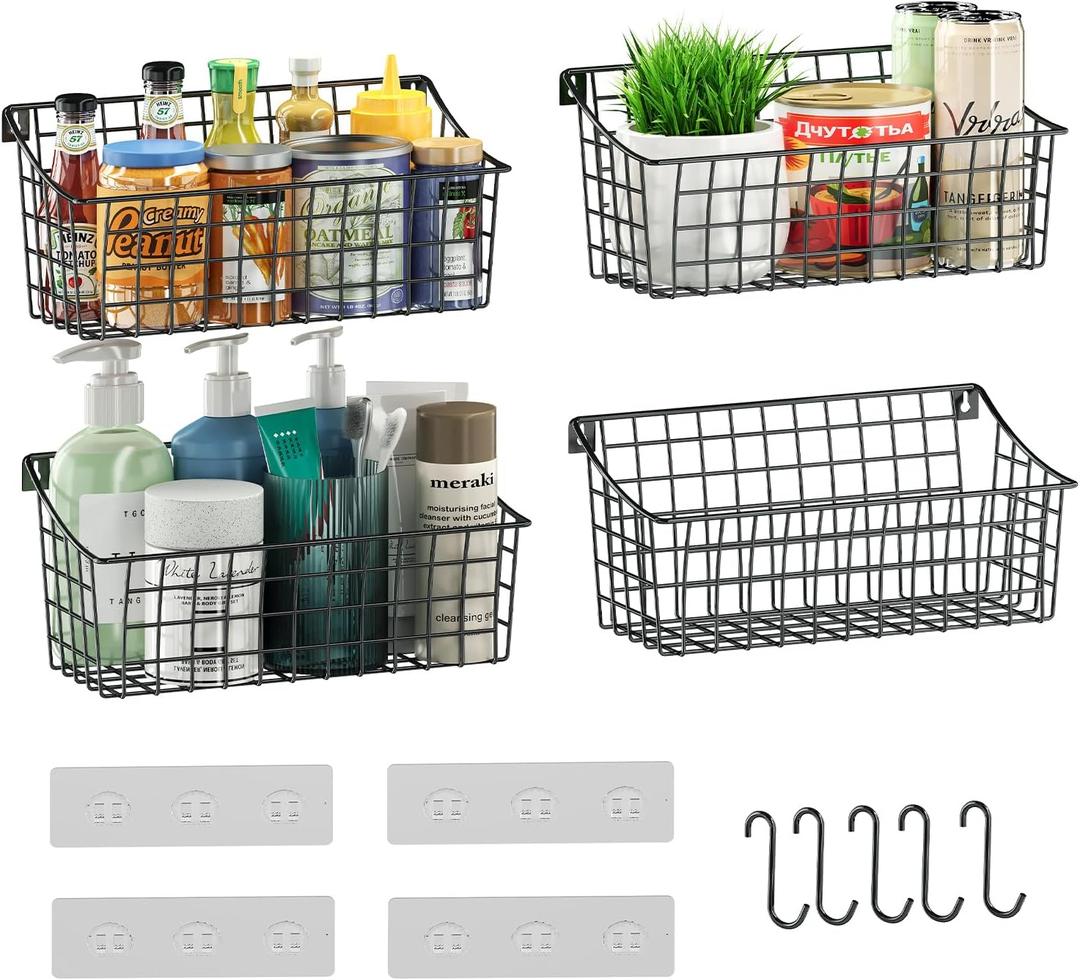 Sonyabecca 4 Pack Hanging Wall Basket for Organizing, Large Wire Basket for Storage Pantry with 5 S Hook+4 Adhesive Hook, Wall Mounted Shelf for Kitchen Bathroom (Black)