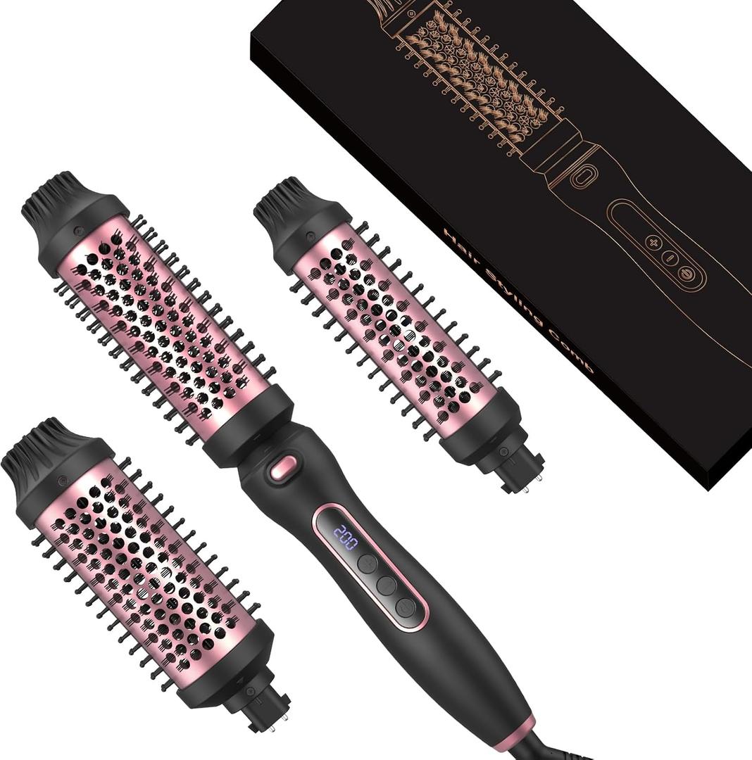 Thermal Brush Set 3-in-1 Curling Iron Brush Set, Dual Voltage 110-220V Thermal Hair Brush with 11 Temp Settings, 3 Interchangeable Travel Curling Irons (1.25, 1.5, & 1.75" Barrels) (Black)