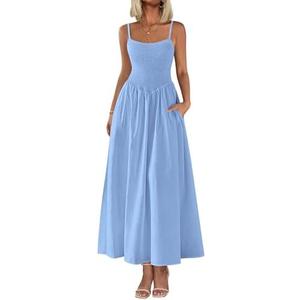 PRETTYGARDEN Women's Smocked Maxi Dresses 2026 Summer Sundress Casual Spaghetti Strap Swing A Line Long Flowy Beach Dress Light Blue, M