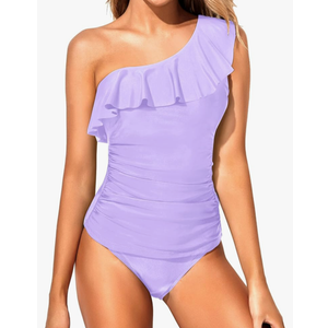 Yonique Women's Two Piece Swimsuits One Shoulder Tankini Tummy Control Bathing Suits Ruffle Swimwear M