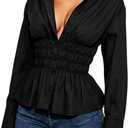 Women Long Sleeve Button Down Fitted Shirts Collared Cinched Waist Tops Office Work Blouse (Black, L)