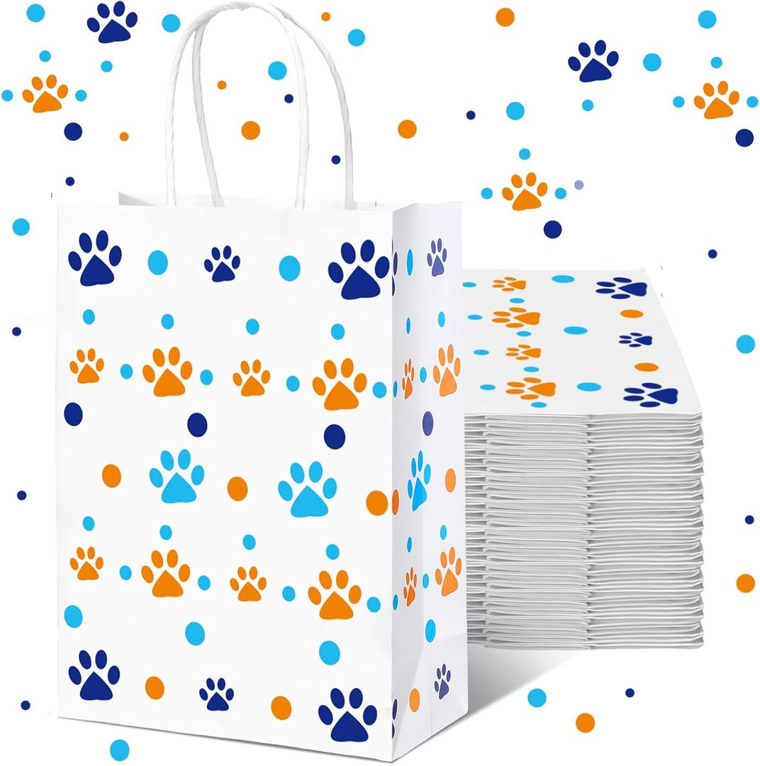Kolldenn 16 Pcs Blue Cartoon Dog Paw Paper Bags with Handles Blue Orange Dog Birthday Party Favor Paw Treat Goodie Gift Bags for Cartoon Party Supplies, 8.3 x 5.9 x 3.1''