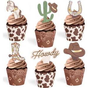 xo, Fetti Western Cupcake Liners + Toppers - Set of 24 | Rodeo Birthday Cake Decoration, Hoedown Bachelorette Food Accessory, Kids Party Supplies