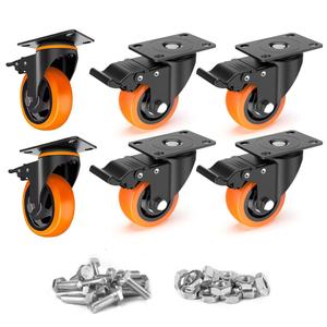 5 Inch Caster Wheels with Safety Brake 4000Lbs, Heavy Duty Casters Set of 6, Industrial Swivel Casters with Double Ball Bearings, Polyurethane No Noise Wheels for Cart, Furniture (orange)