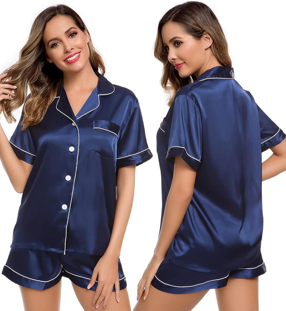 LecGee Womens Silk Satin Pajamas Short Sleeve Loungewear Two-Piece Sleepwear Button-Down Pj Set (Medium, Navy Blue-03)
