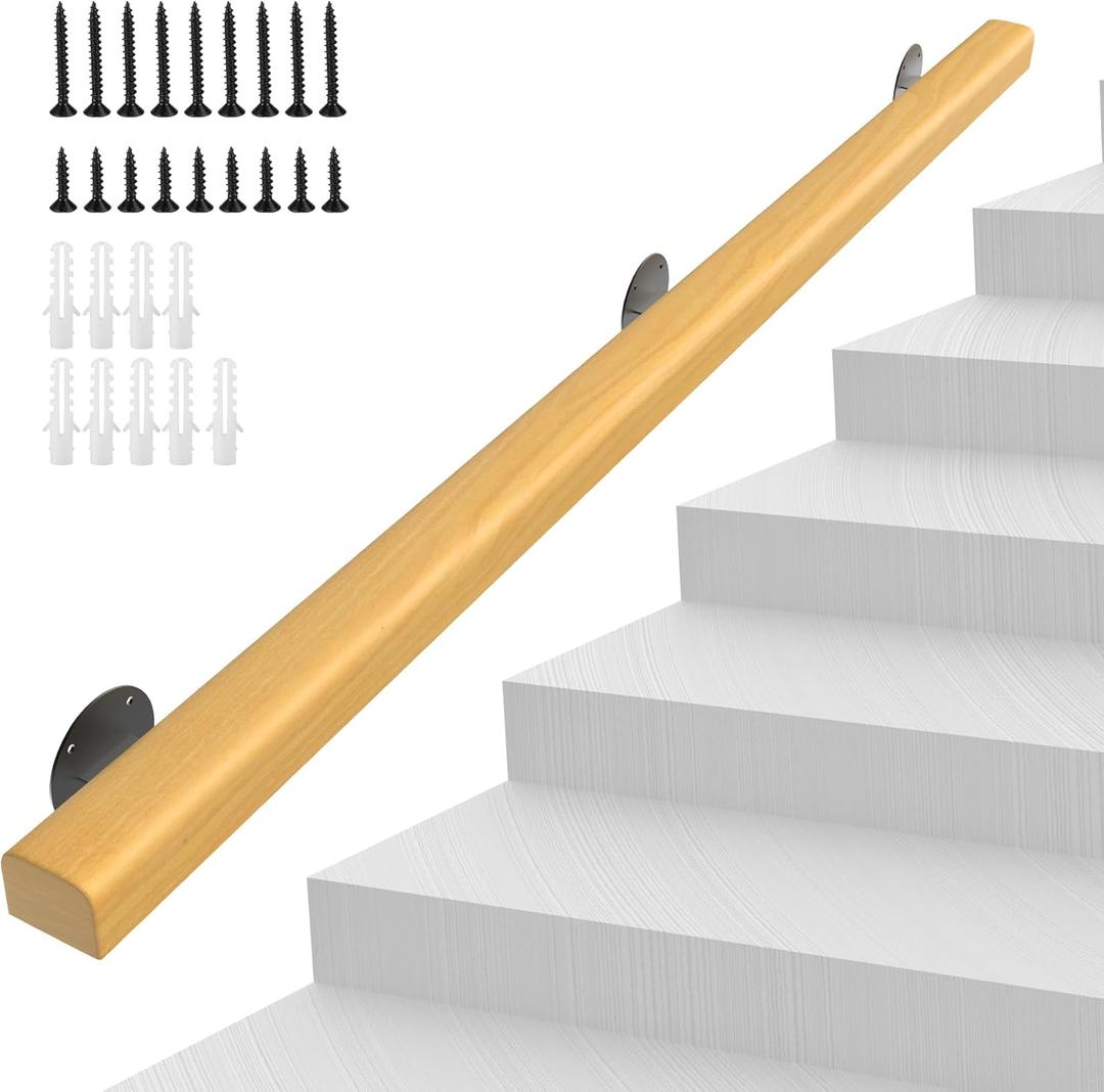 6FT Wooden Stair Handrails,Hand Railings for Stairs Indoor Outdoor Wall Mount Support Wood Handrails,Non-Slip Sturdy Staircase Handrail Safety Grab Bar Rod Complete Kit for Home,Lofts,Guardrail