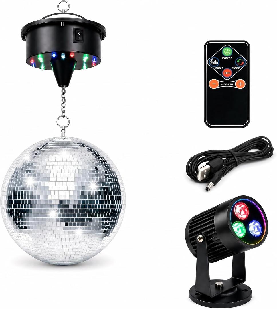 12" Disco Ball with Motor and Light 6-12RPM Rotator and RGB Spotlight for Party DJ Bands Dance Club Bar Wedding Event Studio Holiday Decor