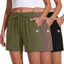 Neer 3 Pack Women's Sweat Shorts, Summer Drawstring Shorts with Pocket Loose Athletic Lounge Casual Running Bottoms(Black, Olive Green, Coffee,Medium)