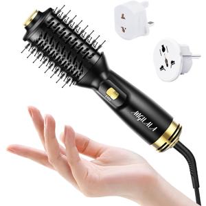 Dual Voltage(100~250V) Mini Hair Dryer Brush with European Plug Adapter for International Travel, Europe Travel Essentials for Women (Black)