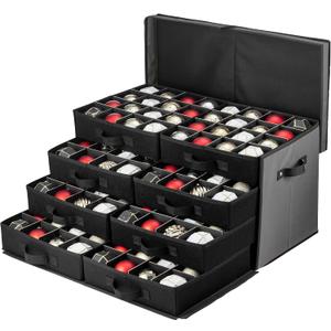 Premium Large Christmas Ornament storage Box, with Side Open, Drawer Style Trays - 3" Compartment, 8 Trays, Keeps 128 Holiday Ornaments & Xmas Accessories, Storage Container Made Of 600D Oxford Fabric