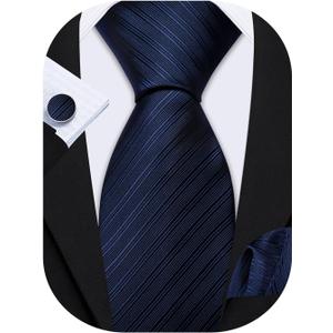 Barry.Wang Solid Striped Tie for Men Silk Necktie Pocket Square Cufflinks Formal Wedding Party Business