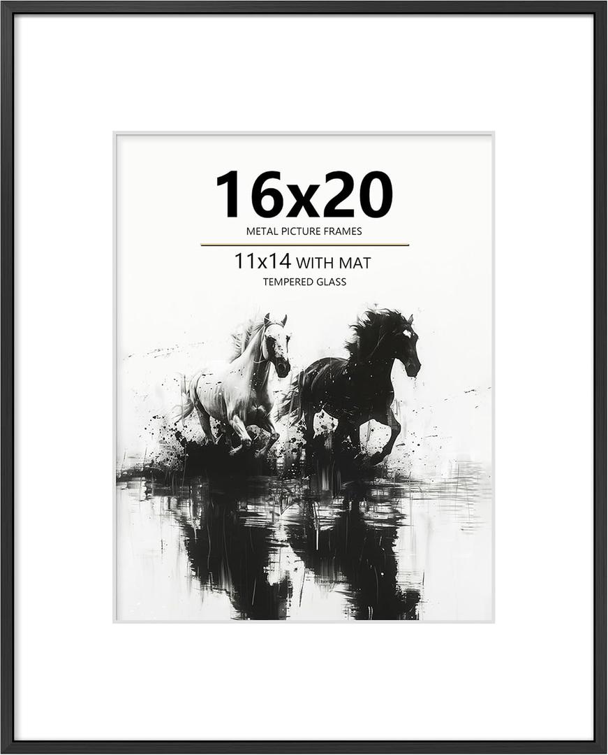 16x20 Frames Black, Aluminum Poster Frame with Real Glass, Display Photo 11x14 with Mat or 16 x 20 without, Modern Metal Picture Frames for Wall, Horizontal or Vertical Wall Mounting