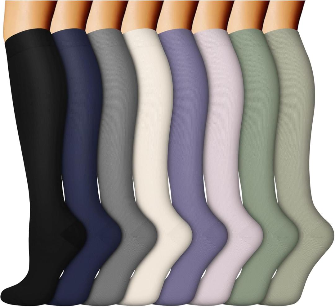 ACTINPUT 8 Pairs Compression Socks for Women & Men,Support Compression Stockings for Medical Running Athletic (Small-Medium, 024 - Black/Blue/Gray/Purple/Green)