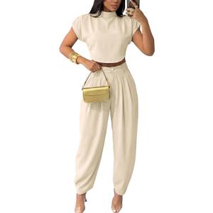 kaimimei 2 Piece Sets for Women Casual Crop Tops and Palazzo Pants (Beige, S)