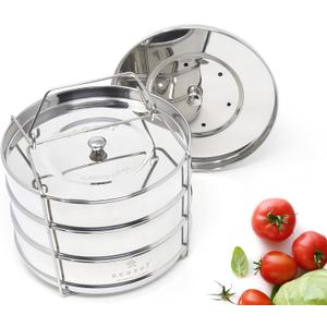 ecozoi Instant Pot Stackable Insert Pans for 6 & 8 Quart, 3 Tier Steamer Insert Pans for Instant Pot Pressure Cooker, Pot in Pot for Baking, Steaming & Casseroles, 2 Interchangeable Lids and Sling