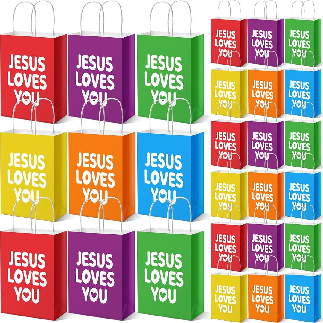 Kolldenn 30 Pcs Christian Gift Bags Bulk Jesus Loves You with Handle Religious Baptism Paper Bags for Women Bible Verse Party Favors for Jesus Birthday Sunday School