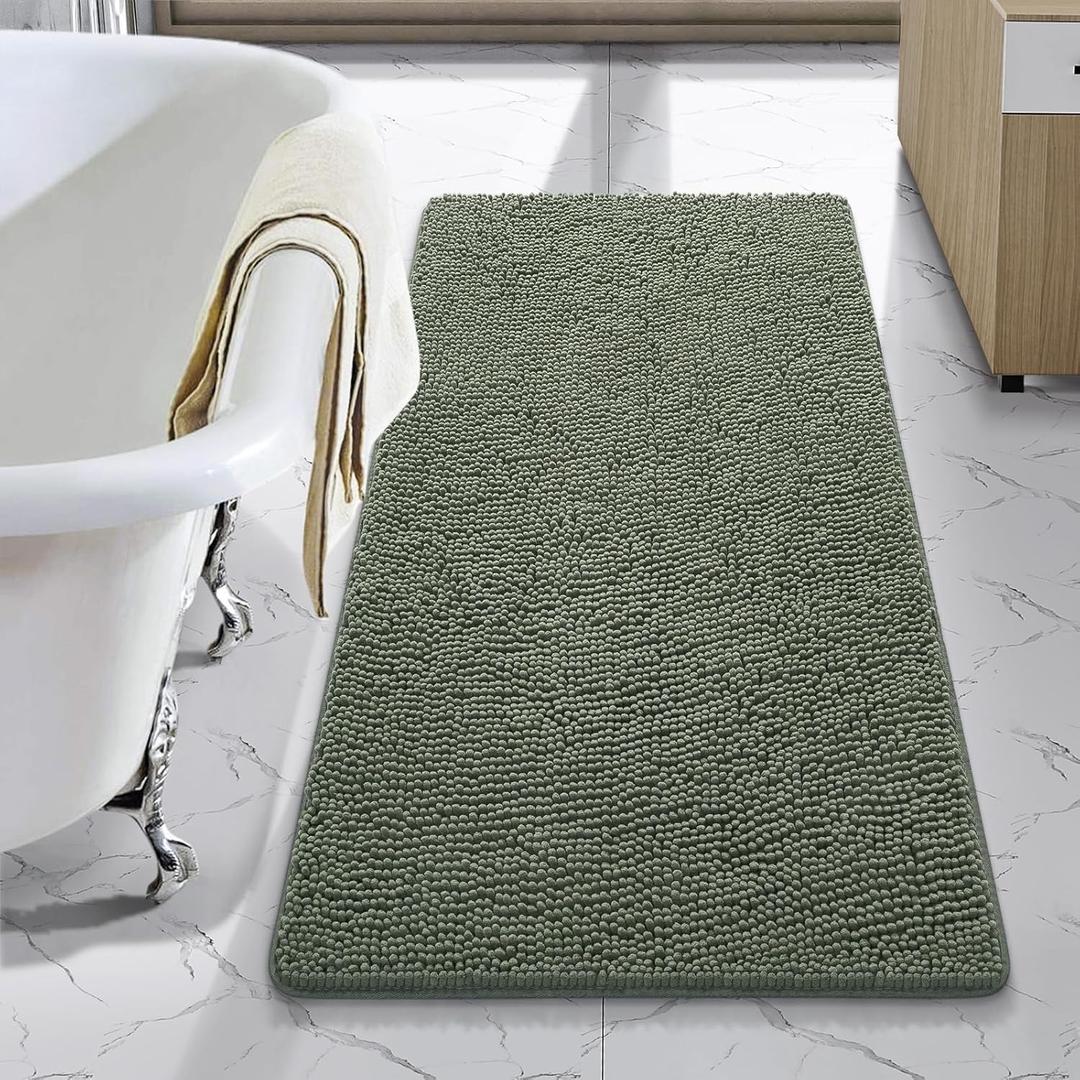 LOCHAS Luxury Bathroom Rug Shaggy Bath Mat 24 x 48 Inch, Washable Non Slip Bath Rugs for Bathroom Shower, Soft Plush Chenille Absorbent Carpets Mats, Sage Green