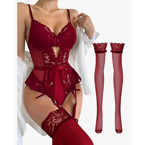 Lilosy Sexy Stocking Lace Mesh Bodysuit Top Underwire Garter Lingerie Set 3 Piece, Size Large
