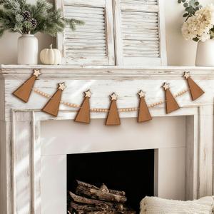 Wood Star Top Christmas Tree Christmas Garland Rustic Wood Chain with Wooden Bead Hanging Decorations for Mantle Wall Window Door Winter Home Xmas Tree Decor Holiday Crafts