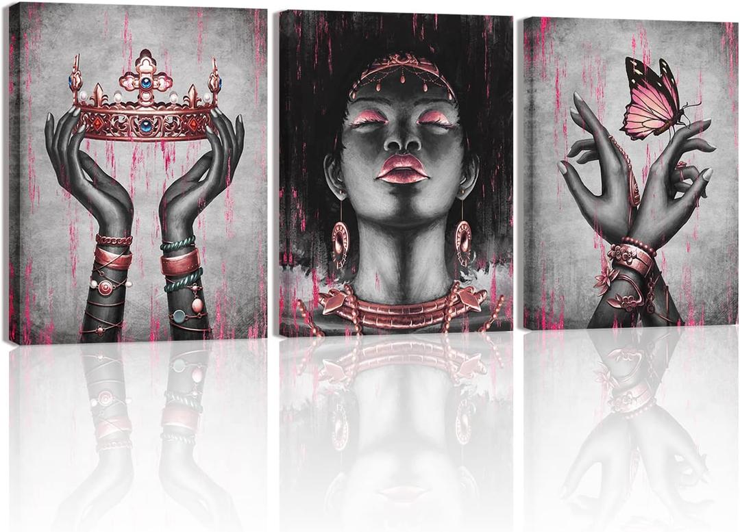 Visual Art Decor Pink and Grey African American Wall Art Pink Room Decor Black Woman Portrait Fashion Painting Framed Canvas Prints Living Room Bedroom Wall Decoration, XLarge 3 Piece Wall Art
