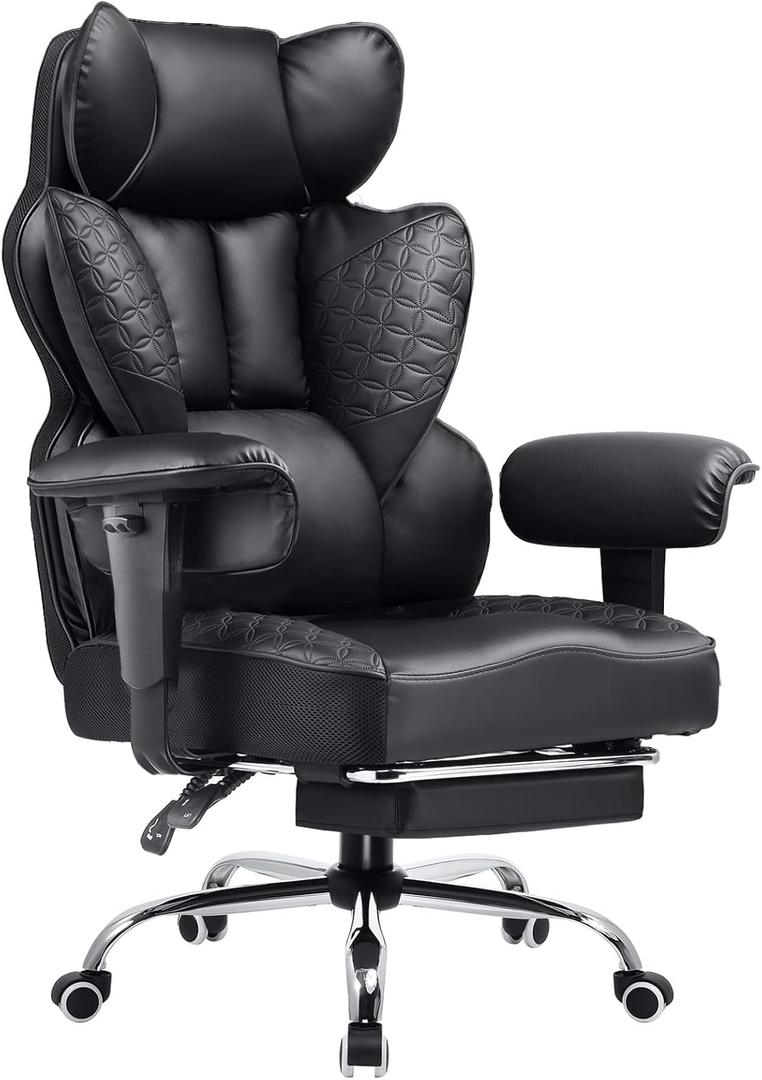COMHOMA Big and Tall Office Chair Heavy Duty Wide Ergonomic Gaming Chair with Deluxe Embossing Designed Leather with Foot Rest,150Reclining Adjustable Armrests Pocket Spring Back Support and Pillow (01-luxury Black)