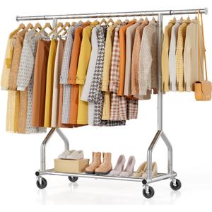 EAGMAK Heavy Duty Clothes Rack Load 424 LBS, Rolling Clothing Rack With Shelves, Adjustable Metal Clothes Hanger with Wheels, Portable Wardrobe Organizer Garment Rod for Hanging Clothes (Silver)