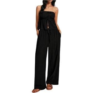 Floerns Women's 2 Piece Outfit Cute Bowknot Strapless Tube Top Wide Leg Pants Set (Large, Black)