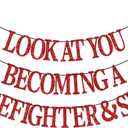 Congrats Firefighter Banner, Look at You Becoming a Firefighter & Shit Banner, Fire Department Fire Academy Graduation Party Decoration Red Glitter