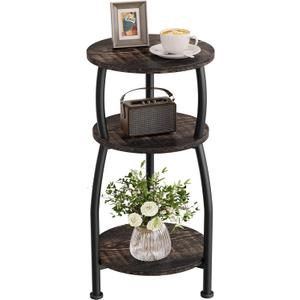Small Round Side Table, 3-Tier End Table with Storage Shelf, Slim Sofa Table Coffee Table, Sturdy & Easy Assemble Nightstand for Small Spaces, Living Room Bedroom Corner, Oak Dark
