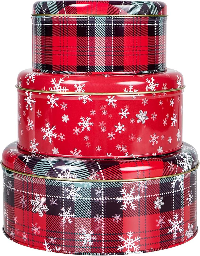 3 Pack Cookie Tins, Round Christmas Tins with Lids,Baking Cake Container for Storing Cookie, Cake, Snack, Candy, Chocolate, for Christmas, Halloween, Round Metal Nesting Containers(3 Sizes)