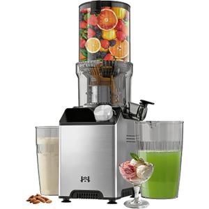 WHUTO Cold Press Juicer, Wide Feed Chute Juicer Machines, Stainless Steel Slow Masticating Juicers Easy to Clean, Vegetables & Fruits Juice Extractor, High Juice Yield, Platinum Color Knob